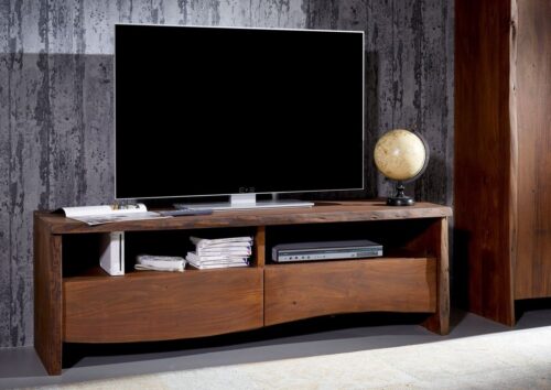 Massivmoebel24 TV-Board »PURE ACACIA« (Modernes TV-Board mit Schubladen inklusive Softclose und Kabelführung in braun lackiert 151x45x50 Akazie montiert), echte Baumkante, Unikat, Natürliche Unregelmäßigkeiten und Astlöcher, Einzelstück, je eine Ausparung für Kabelführung pro Fach