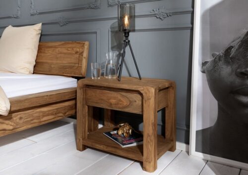 Massivmoebel24 Nachttisch »BUENO« (60x40x50 Sheesham montiert, Nachttisch mit abgerundeten Kanten), markantes Holzbild,stabil,abgerundete Ecken und Kanten,auffällig schlichtes Design,grifflose Front