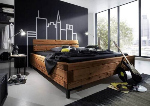 Massivmoebel24 Massivholzbett »BALKENMÖBEL« (Bett aus robustem Massivholz, massives Holzbett Bettgestell, Balkenbett im Landhausstil mit zweigeteiltem Kopfteil, natur geölt 140x200 Fichte)