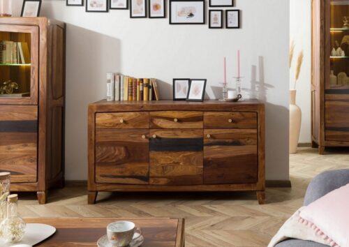 Massivmoebel24 Sideboard »ANCONA« (140x45x80 Sheesham), Rahmenfrontdesign, angeschrägte Kanten, Türen mit Magnetverschluss, schwarze Akzente