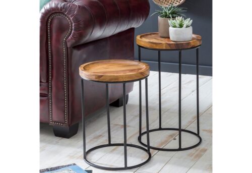 Wohnling Beistelltisch »Design Satztisch WL5.661 Sheesham Metall Beistelltisch 2er Set Klein Couchtisch Set 2 Holz Tische Massivholz Wohnzimmertisch Metallgestell Schmaler Sofatisch Ablagetisch«