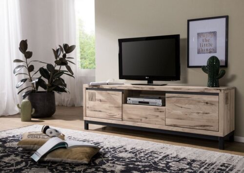 Massivmoebel24 TV-Board »VILLANDERS« (Modernes Wildeiche TV-Board inklusive stilvollem Hirnholz-Element, mit Türen und Schublade, eine Kombination aus Metall und Holz, in natur geölt 170x40x56 Wildeiche montiert), Hirnholz-Element, Eisenrahmen Konstruktion, Unikate Rissoberfläche