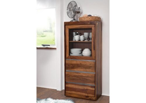 Massivmoebel24 Vitrine »SYDNEY« (Moderne Vitrine inklusive Schubladen, mit metallischen Verzierungen, braun lackiert 63x40x147 Sheesham montiert) Sheeshamholz, metallische Verzierungen