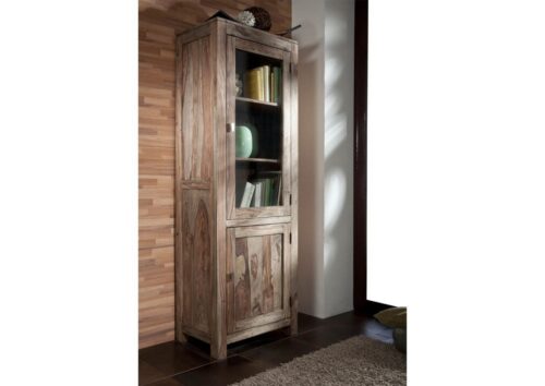 Massivmoebel24 Vitrine »NATURE GREY« (Moderne Massivholz Glasvitrine mit 2 Türen in geradlinigen Design, grau geölt 65x42x190 Sheesham montiert)