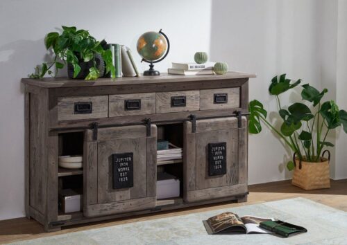 Massivmoebel24 Sideboard »RAILWAY« (Massives Sideboard mit 2 stylischen Schiebetüren auf Eisenschiene und Schubladen im Industrial Stil, grau lackiert 150x45x90 Mango montiert), used-optik, Metallapplikationen im Vintage Look, authentische Altholz-Optik inkl. Wurmlöcher, Schiebetür auf Eisenleiste