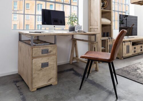 Massivmoebel24 Schreibtisch »RAILWAY« (Außergewöhnlicher Schreibtisch im Industrial Stil, braun lackiert 140x78x80 Mango montiert), used-optik,Metallapplikationen im Vintage Look,authentische Altholz-Optik inkl. Wurmlöcher