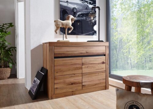 Massivmoebel24 Sideboard »MONTREUX« (modernes Sideboard aus Massivholz mit großer Schublade 108x45x85 - massives Holz Wildeiche / Zerreiche - montiert), Softclose für Türen und Schubladen, herausnehmbare Einlegeböden 3-fach höhenverstellbar, starke Rissoptik, stilvoll und modern