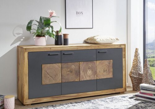 Massivmoebel24 Sideboard »TURIN« (Sideboard im Vintage Style, mit Drehtüren, dekorative Hirnholzelemente, schöne Kontraste durch schwarz lackierte Platte, braun gebeizt 170x40x82 Sheesham montiert), Hirnholzelement, Sheeshamholz