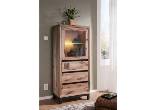 Massivmoebel24 Vitrine »VILLANDERS« (Moderne Wildeiche Vitrine mit Glas inklusive stilvollem Hirnholz-Element, eine Kombination aus Metall und Holz, mit Türen, beige geölt 65x40x148 Wildeiche montiert) Glaseinlegeboden, Hirnholz-Element, Eisenrahmen Konstruktion, Unikate Rissoberfläche, Einlegeböden variabel 3-Fach höhenverstellbar, Soft-Close für Türen und Schubladen, Griffleisten