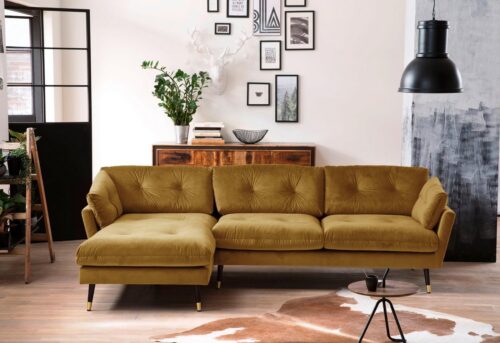 Trendfabrik Ecksofa, mit Fuß in Holz-Metallkombination, wahlweise Recamiere rechts oder links bestellbar, frei im Raum stellbar