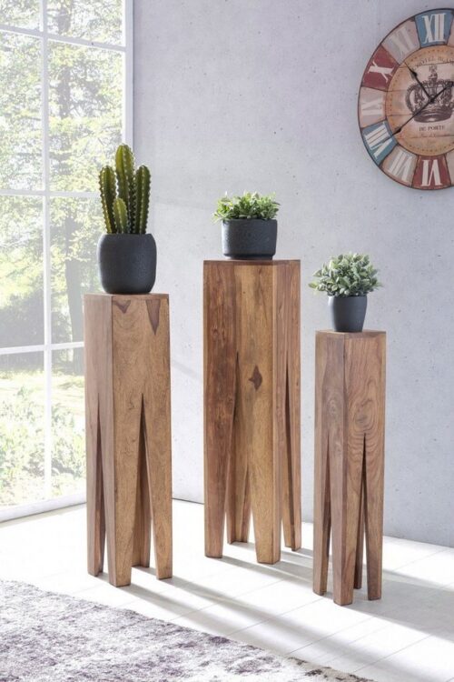 Wohnling Couchtisch »Beistelltisch 3er Set Massivholz Akazie Wohnzimmer-Tisch Design Säulen Landhausstil Couchtisch quadratisch«