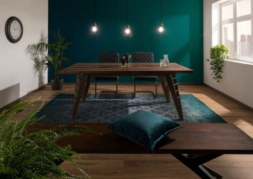 Massivmoebel24 Esstisch »BASSANO« (Rustikaler Esstisch im Landhausstil, mit extravaganten Tischbeinen inklusive Metallverstrebungen, natur lackiert 180x90x78 Teak)