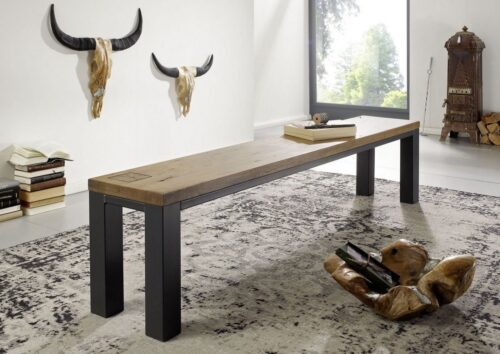 Massivmoebel24 Essbank »VILLANDERS« (Sitzbank aus Massivholz, Holzbank für Küche und Esszimmer, Moderne Massivholz Sitzbank inklusive stilvollem Hirnholz-Element, mit Metallrahmen Konstruktion, braun geölt 160x35x45 Wildeiche), Hirnholz-Element,Eisenrahmen Konstruktion,Unikate Rissoberfläche