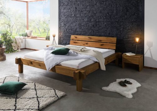 Massivmoebel24 Massivholzbett »JANGALI« (Bett aus robustem Massivholz, massives Holzbett Bettgestell, Modernes Balkenbett mit zweigeteiltem Kopfteil in braun geölt 160x200 Zerreiche)