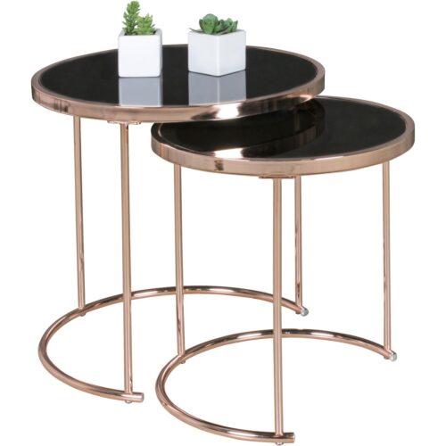 Wohnling Satztisch »WL5.242«, Design 2er Set ø 42 cm / 45 cm Metall Glas Schwarz / Kupfer Couchtisch verspiegelt Wohnzimmertisch modern Glastisch Beistelltisch rund