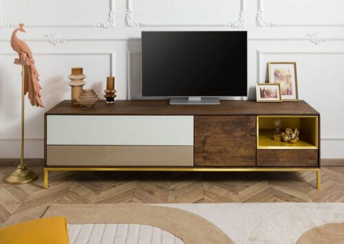 Massivmoebel24 TV-Board »CHICAGO« (200x45x55 Mango montiert, brauner TV Schrank aus Mangoholz, 3 Schubladen, 1 Tür, Glasfront braun und weiß, 1 offenes Fach gold, Stahlgestell goldfarben), Schubladen mit Glasfront, Push-To-Open Technik