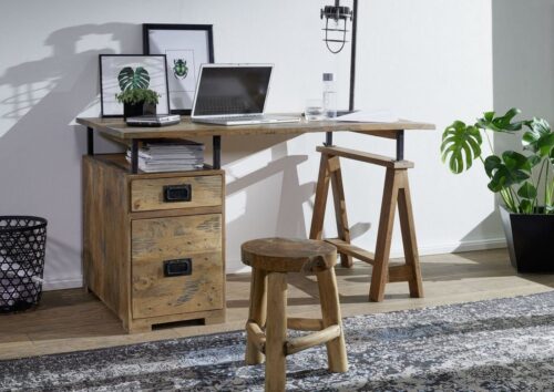 Massivmoebel24 Schreibtisch »RAILWAY« (Extravaganter Schreibtisch im Industrial Stil, natur lackiert 140x78x80 Mango montiert), used-optik,Metallapplikationen im Vintage Look,authentische Altholz-Optik inkl. Wurmlöcher
