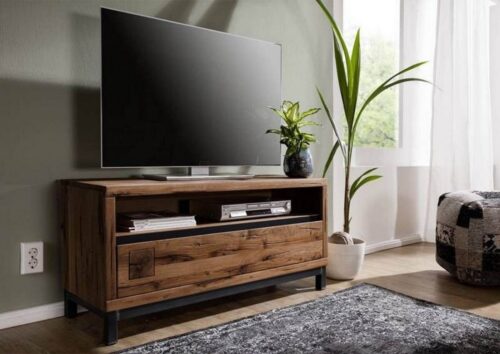 Massivmoebel24 TV-Board »VILLANDERS« (Modernes Wildeiche TV-Board inklusive stilvollem Hirnholz-Element, eine Kombination aus Metall und Holz, mit Schublade, braun geölt 120x40x56 Wildeiche montiert), Hirnholz-Element, Eisenrahmen Konstruktion, Unikate Rissoberfläche