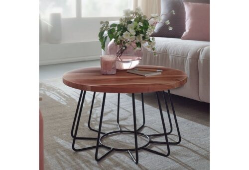 Wohnling Beistelltisch »Couchtisch 60x35x60 cm Akazie Massivholz / Metall Sofatisch Wohnzimmertisch Rund Salontisch Massiv Kleiner Designer Tisch Wohnzimmer Industrial«