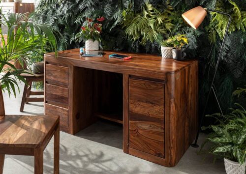 Massivmoebel24 Schreibtisch »TORONTO« (150x75x78 Sheesham / Akazie montiert, Schreibtisch mit abgerundeten Kanten und viel Stauraum), offene Fächer,abgerundete Kanten