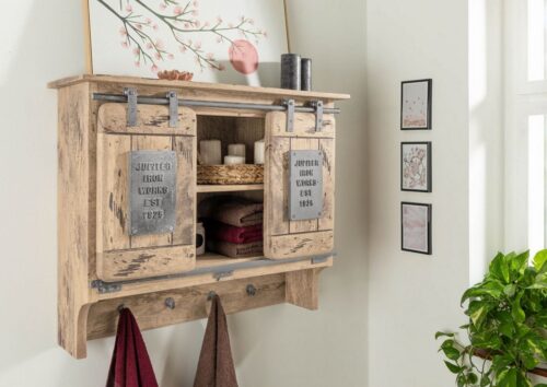 Massivmoebel24 Wandgarderobe »RAILWAY« (Außergewöhnliche Wandgarderobe mit trendigen Schiebetüren auf Eisenschiene, inklusive Kleiderhaken in grau lackiert 90x30x75 Mango montiert), used-optik,Metallapplikationen im Vintage Look,authentische Altholz-Optik inkl. Wurmlöcher