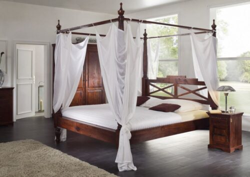 Massivmoebel24 Himmelbett »OXFORD« (147x200 Akazie, Himmelbett Bett aus massiven Echtholz im Landhausstil), hochwertiges Edelholz, authentische Holzadern, aufwendige Schnitzereien und Verzierungen