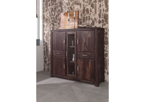 Massivmoebel24 Highboard »METRO POLIS« (Modernes Highboard mit Türen, in der Mitte eine schmale Tür mit Glaseinsatz, inklusive 2 Schubladen, viel Stauraum, grau lackiert 145x42x140 Sheesham montiert)