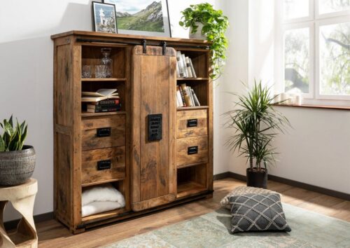 Massivmoebel24 Highboard »RAILWAY« (142x45x147 Mango montiert, vollmassives Highboard im Industrial Stil mit Schiebetür auf Eisenleisten, Schubladen und einem rustikalen Used-Look)