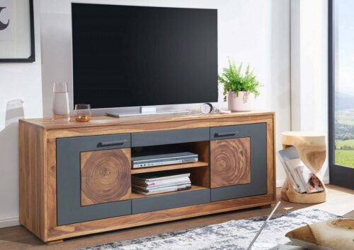 Massivmoebel24 TV-Board »TURIN« (Modernes TV-Board mit viel Stauraum, inklusive 2 Türen und offenen Fächern, dekoratives Hirnholzelement, braun gebeizt 150x46x62 Sheesham montiert), Hirnholzelement, Sheeshamholz