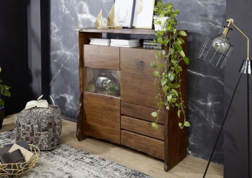 Massivmoebel24 Highboard »PURE ACACIA« (Moderne Massivholz Highboard Vitrine mit Glas und mehreren Fächern, Unikat braun lackiert 131x45x147 Akazie montiert)