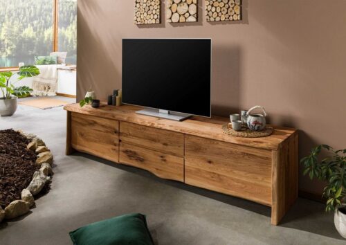 Massivmoebel24 TV-Board »PURE OAK« (Modernes Lowboard mit Drehtüren und Schubladen, aus echter Baumkante, natur lackiert 220x45x50 Wildeiche montiert), Echte Baumkante, natürliche Astlöcher, Unikat, Teleskopschienen mit Vollauszug