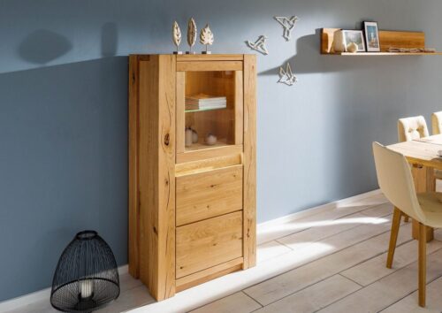 Massivmoebel24 Highboard »KENT« (Highboard mit Holz- und Glastür, 1 Glasboden, inklusiver stilvoller LED-Beleuchtung, natur geölt 73x40x142 Wildeiche montiert)