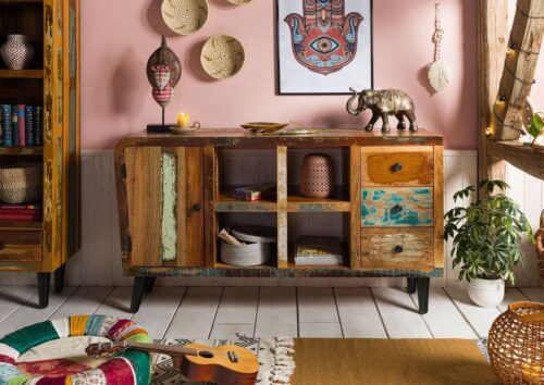 Massivmoebel24 Sideboard »SIXTIES« (Außergewöhnliches Sideboard im Vintage Stil, mit Schubladen, Tür und offenen Fächern, bunt lackiert 150x40x86 Altholz montiert), Retro-Design, 60% recyceltes Altholz, Unikat, Tür mit Magnetverschluss, Schubladen herausnehmbar