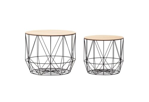 Wohnling Beistelltisch »Design Beistelltisch 2er Set aus Körben Schwarz / Eiche Moderne Korbtische mit abnehmbaren Tablett Satztisch 2-teilig mit Stauraum«