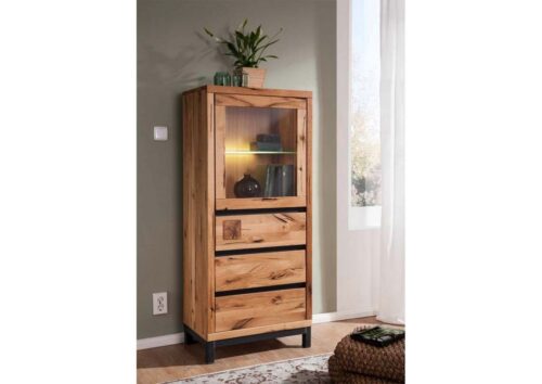 Massivmoebel24 Vitrine »VILLANDERS« (Moderne Wildeiche Glasvitrine inklusive stilvollem Hirnholz-Element, eine Kombination aus Metall und Holz, mit Türen und Schublade, natur geölt 65x40x148 Wildeiche montiert) Hirnholz-Element, Eisenrahmen Konstruktion, Unikate Rissoberfläche, Einlegeböden variabel 3-Fach höhenverstellbar, Soft-Close für Türen und Schubladen, Griffleisten