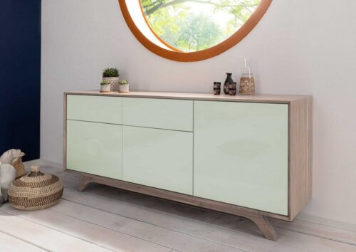 Massivmoebel24 Sideboard »TROMSO« (Sideboard mit Schubladen und Türen, viel Stauraum, im Vintage Stil, braun lackiert 185x45x80 Akazie montiert), Skandi-Stil, Push to Open - Funktion, Glasfront auf MDF, Einlegeböden herausnehmbar, glatte Oberfläche