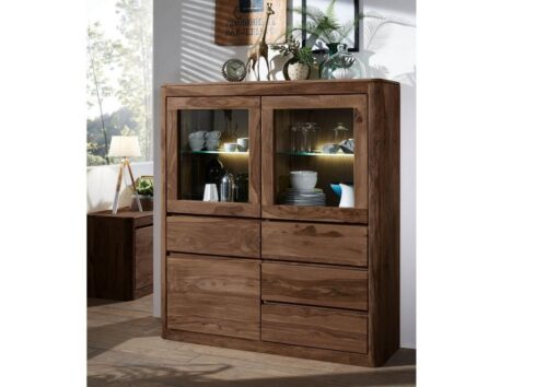 Massivmoebel24 Highboard »TORONTO« (128x40x145 Sheesham / Akazie montiert, Highboard aus Echtholz mit abgerundeten Kanten im modernen Stil Massiv)
