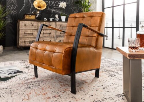 Massivmoebel24 Sessel »IRON LABEL« (Polstersessel, Fernsehsessel, Relaxsessel, Stilvoller Sessel in braun, aus Echtleder, im Retro Stil, Gestell aus schwarzem Eisen 64x76x83 montiert cognac), hochwertiges Büffel-Leder