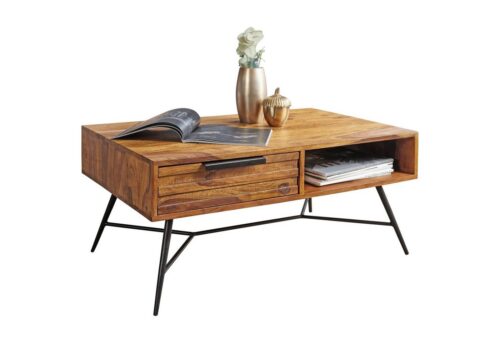 Wohnling Couchtisch »WL5.583«, NISHAN 87 x 41 x 55 cm Sheesham Massiv Holz Design Holztisch mit Stauraum und Schublade Massivholztisch Wohnzimmer Retro-Industrial Wohnzimmertisch mit Metallbeinen