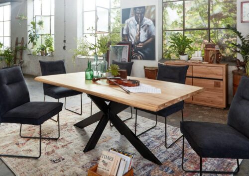 Massivmoebel24 Esstisch »SEATTLE« (200x100x77 Wildeiche), Gedrehte Kante, Kunststoffbeschichtetes Kreuzgestell