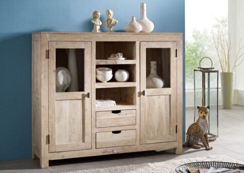 Massivmoebel24 Highboard »NATURE WHITE« (Modernes Highboard mit Holztüren inklusive Glaseinsatz, herausnehmbaren Schubladen, in natur getüncht 140x40x120 Akazie montiert)