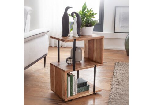 Wohnling Beistelltisch »Beistelltisch S-Form 45x60x30cm Akazie Metall Ablagetisch Tischchen Wohnzimmer Industrial Holztisch mit Metallbeinen Dekotisch Holz«