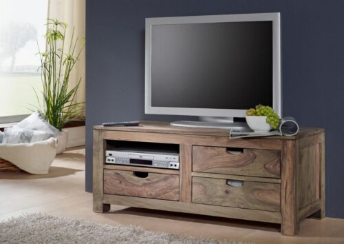 Massivmoebel24 TV-Board »NATURE GREY« (Modernes Massivholz TV-Board mit herausnehmbaren Schubladen und offenem Fach in grau geölt 108x45x45 Sheesham / Palisander montiert), Aussparung für Kabelführung, Modern, geölt, Schubladen herausnehmbar und auf Holzschienen