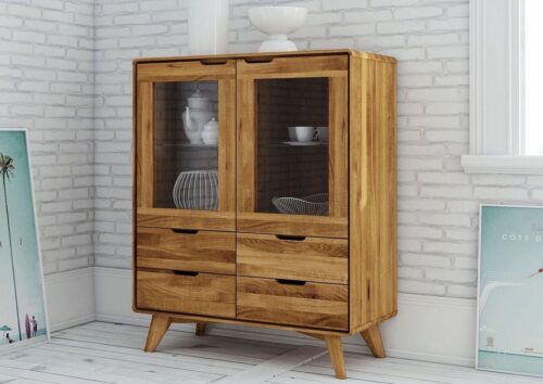 Massivmoebel24 Highboard »MALMÖ« (kleines Highboard aus massivem Holz mit Glasböden 90x40x109 - kleine Massivholz Vitrine aus Wildeiche - bereits montiert)