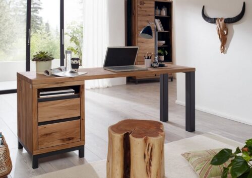 Massivmoebel24 Schreibtisch »VILLANDERS« (220x55x76 Wildeiche montiertModerner Massivholz Schreibtisch inklusive stilvollem Hirnholz-Element, eine Kombination aus Metall und Holz, mit Schubladen, braun geölt), Hirnholz-Element,Eisenrahmen Konstruktion,Unikate Rissoberfläche,Einlegeböden variabel 3-Fach höhenverstellbar,Soft-Close für Türen und Schubladen,Griffleisten