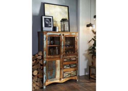 Massivmoebel24 Highboard »NATURE OF SPIRIT« (Highboard im Industrial Stil mit Türen inklusive Glaseinsatz und Schubladen, in bunt lackiert 106x45x136 Altholz montiert)