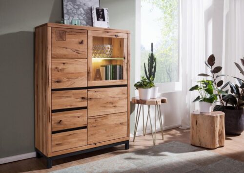 Massivmoebel24 Highboard »VILLANDERS« (Modernes Massivholz Highboard inklusive stilvollem Hirnholz-Element, eine Kombination aus Metall und Holz, mit Türen und Schubladen, natur geölt 103x40x148 Wildeiche montiert)