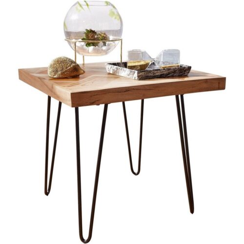 Wohnling Beistelltisch »WL5.651«, 50x47x50 cm Akazie Massivholz mit Metallgestell Industrial Anstelltisch Quadratisch Massiv Holz Tisch Braun Wohnzimmertisch Modern Holztisch mit Metallbeinen