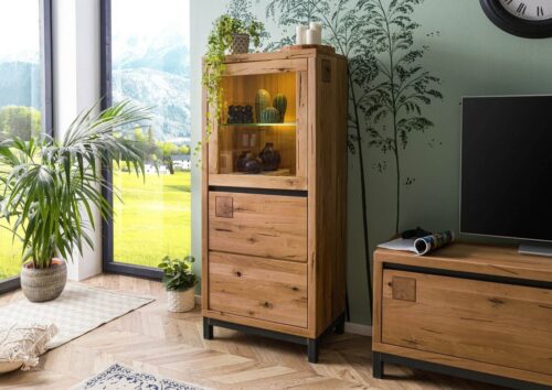 Massivmoebel24 Vitrine »VILLANDERS« (Moderne Wildeiche Vitrine mit Glas inklusive stilvollem Hirnholz-Element, eine Kombination aus Metall und Holz, mit Türen, braun geölt 65x40x148 Wildeiche montiert) Hirnholz-Element, Eisenrahmen Konstruktion, Unikate Rissoberfläche, Einlegeböden variabel 3-Fach höhenverstellbar, Soft-Close für Türen, Griffleisten