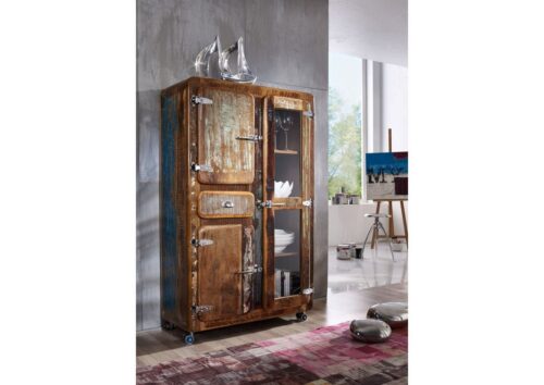 Massivmoebel24 Vitrine »FREEZY« (90x38x140 Altholz montiert, Außergewöhnliche Vitrine auf Rollen, aus recyceltem Altholz im Shabby-Chic) 60% wiederverwertetes Altholz, Rest neues massives Mango- oder Akazienholz, Rollen